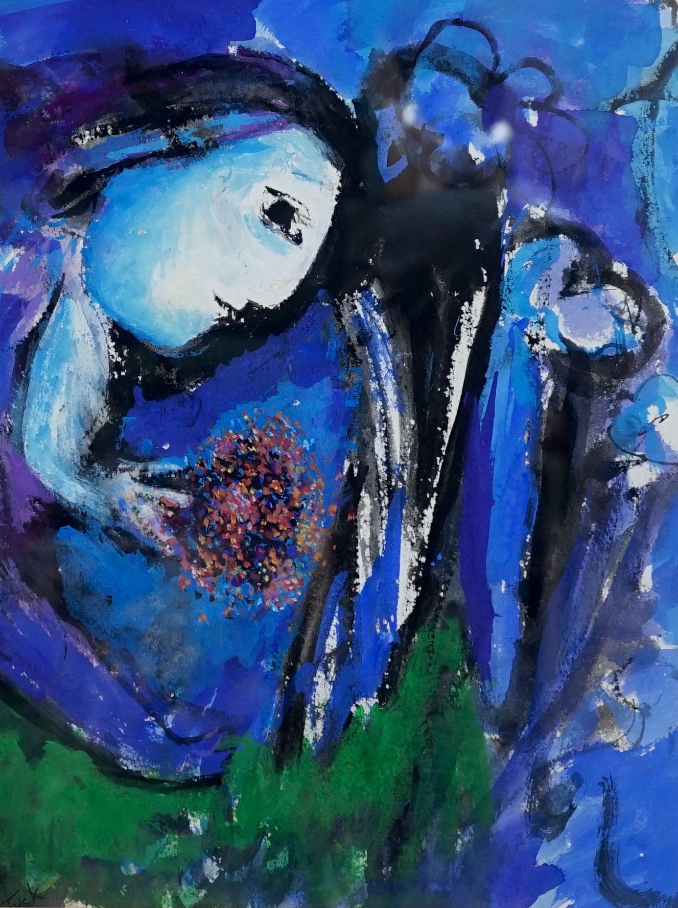 Jo Tuck, gouache, Homage to Chagall, 38 cm X 28 cm